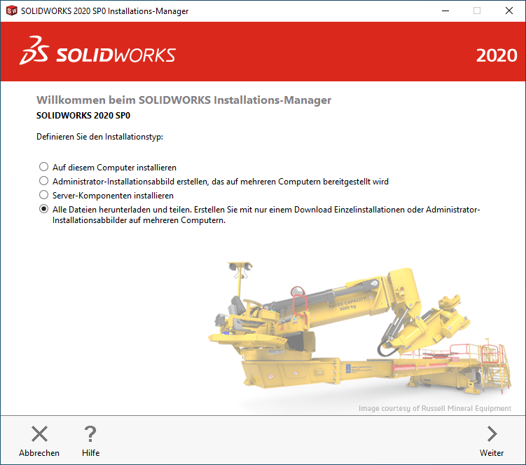 SOLIDWORKS Installations-Manager 2020 Fenster